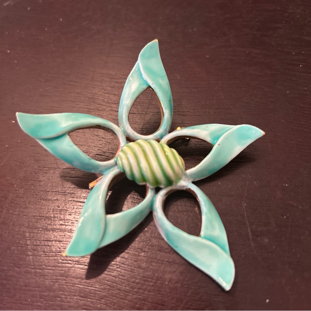 Vintage Flower Enamel Brooch Original By Robert Blue Green Swirl 3” Retro Mcm